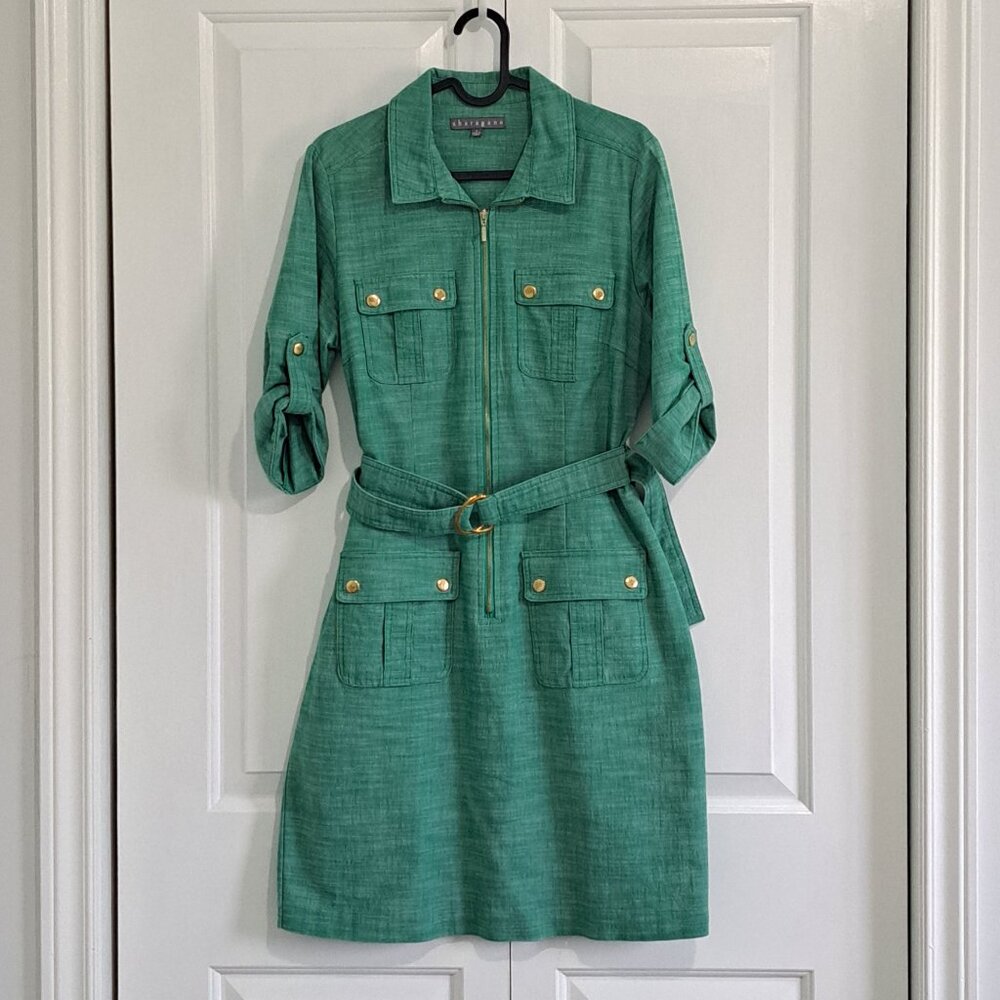Sharagano Green Half Sleeve Half Zip Dress with Belt